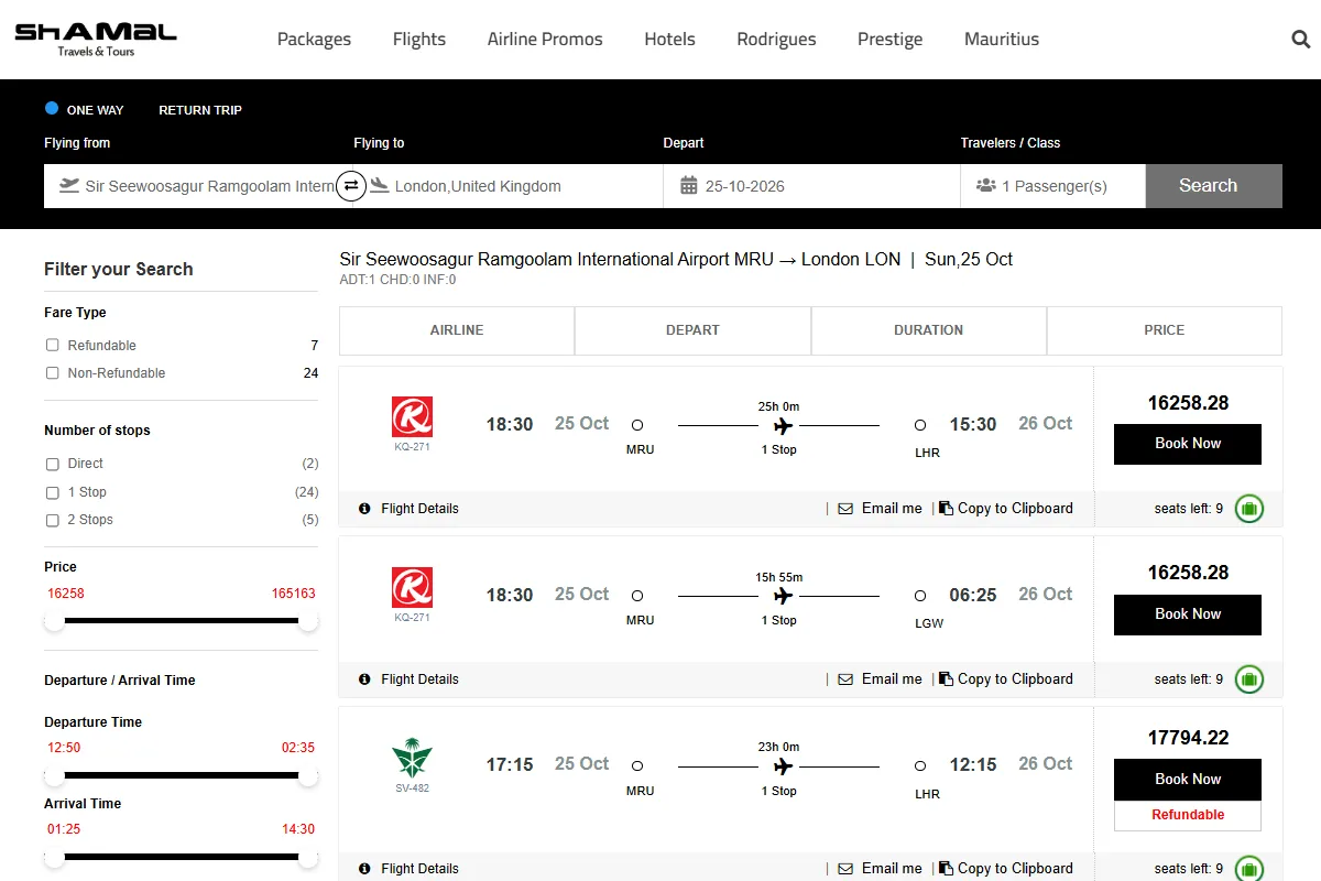 Screenshot of the Shamal Travels website